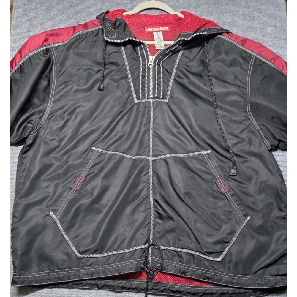 Y2K Unionbay Mens Black Red Hooded Windbreaker Jacket Mesh Lined Size Large Vtg